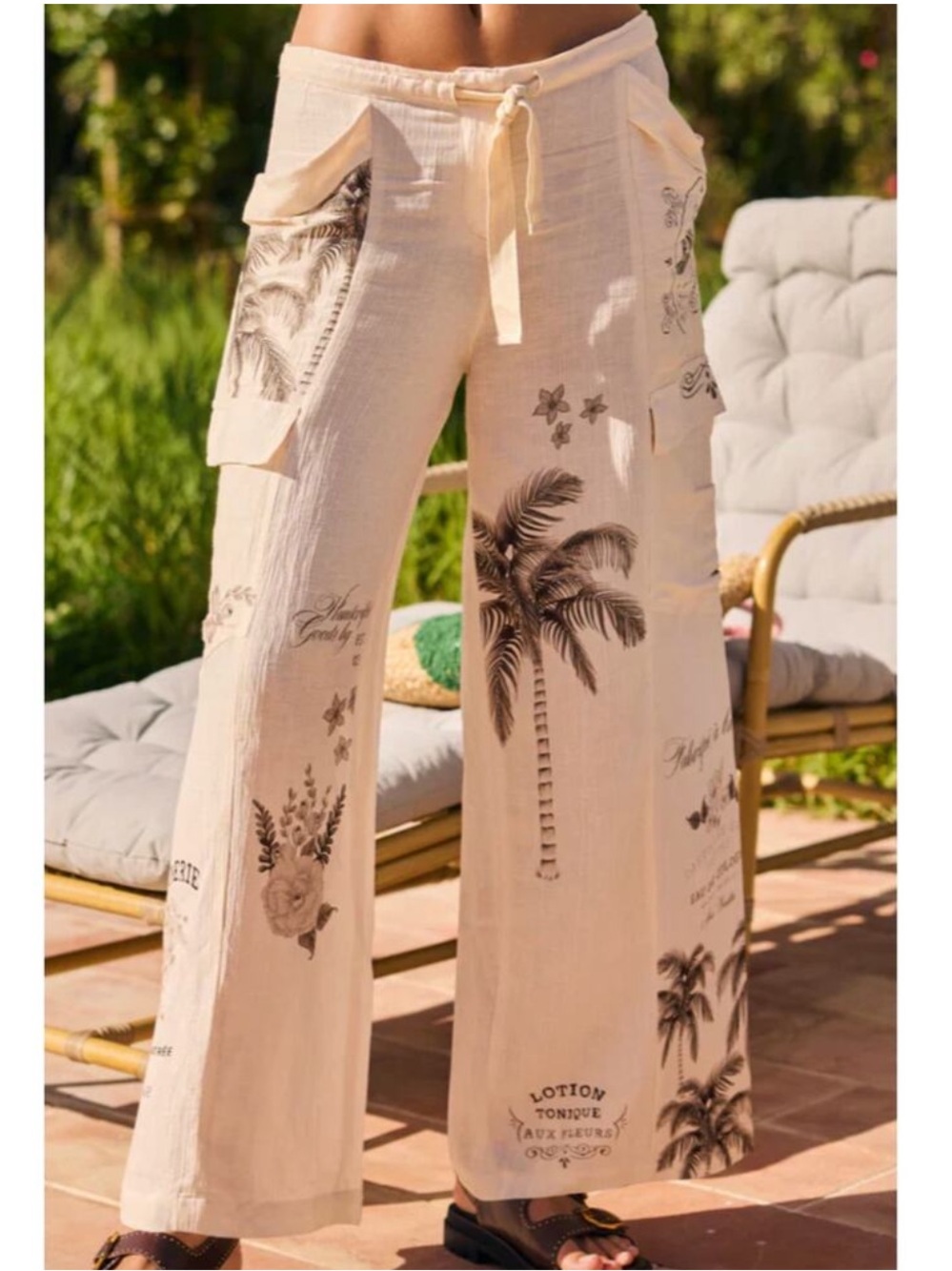 AGUA BENDITA Breezy Wide-Leg Palm Print Crepe Beach Pants Sz M